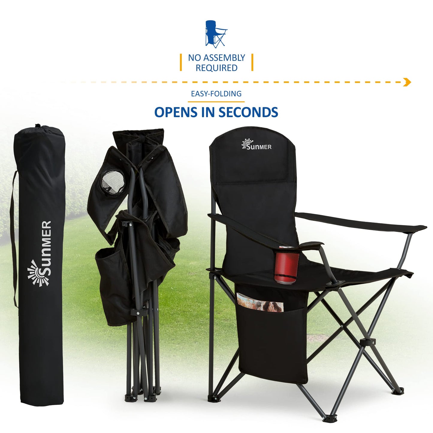 SUNMER Folding Camping Chairs - Set of 2, Extra-Wide Lightweight Outdoor Chairs with Armrests, Cup Holder and a Side Pocket - 120kg Capacity per Chair - Professional Travel & Garden Seating - Black