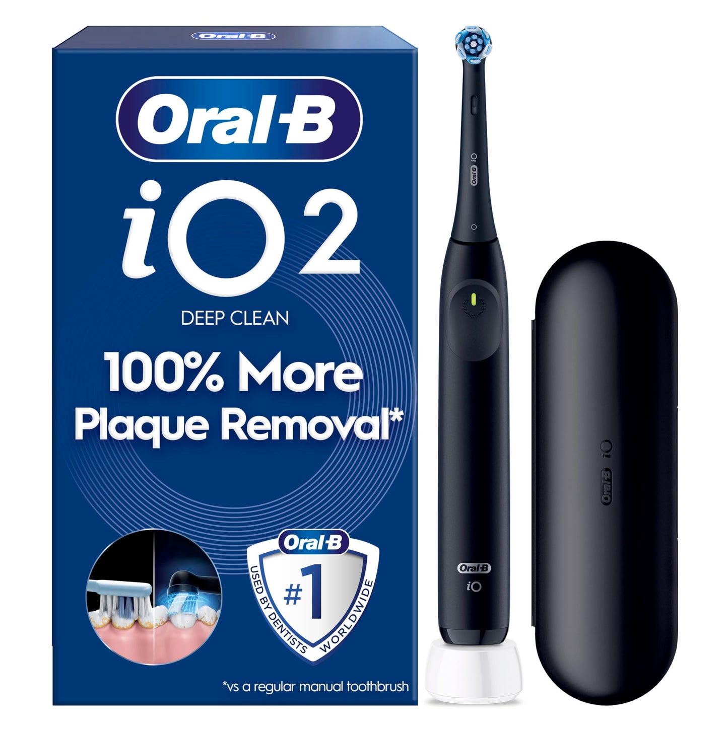 Oral-B iO2 Electric Toothbrush, Night Black - Long-Lasting Battery for Travel, Includes Gentle Care Brush Head, Travel Case and Refill Holder, Easy Switch to Electric Brushing, UK Two Pin Plug