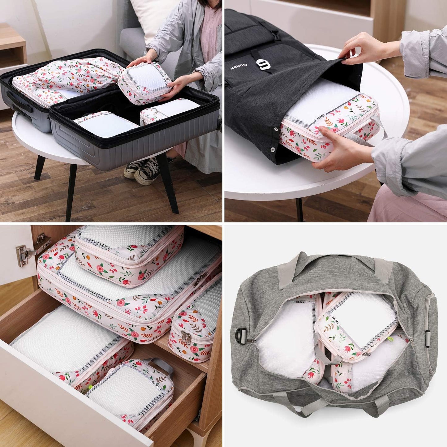 Gonex Compression Packing Cubes, 6 PCS Travel Luggage Packing Organizers with Mesh Extensible Suitcase Organiser for Travel, Pink