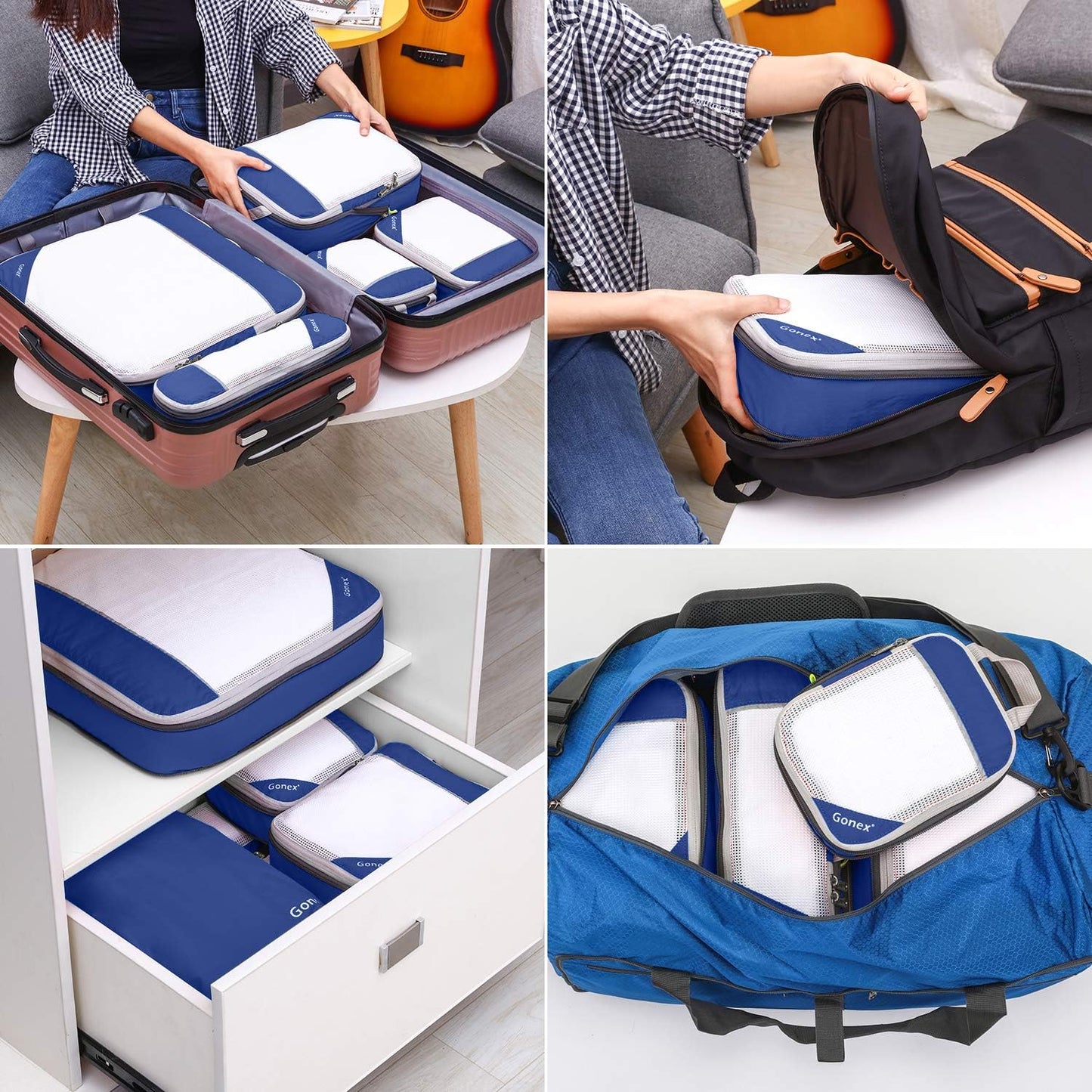 Gonex Compression Packing Cubes, 6 PCS Travel Luggage Packing Organizers with Mesh Extensible Suitcase Organiser for Travel, Pink
