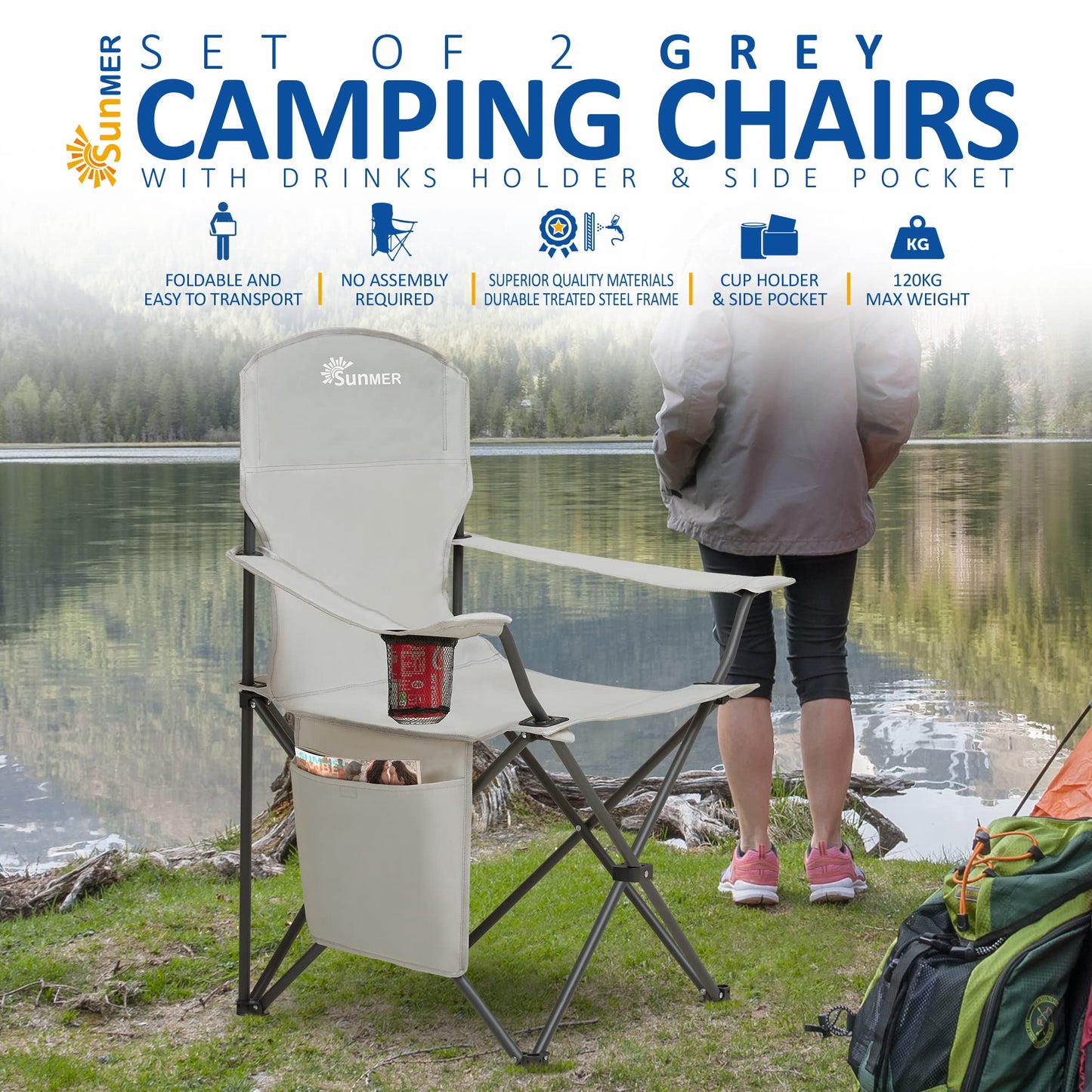 SUNMER Folding Camping Chairs - Set of 2, Extra-Wide Lightweight Outdoor Chairs with Armrests, Cup Holder and a Side Pocket - 120kg Capacity per Chair - Professional Travel & Garden Seating - Black