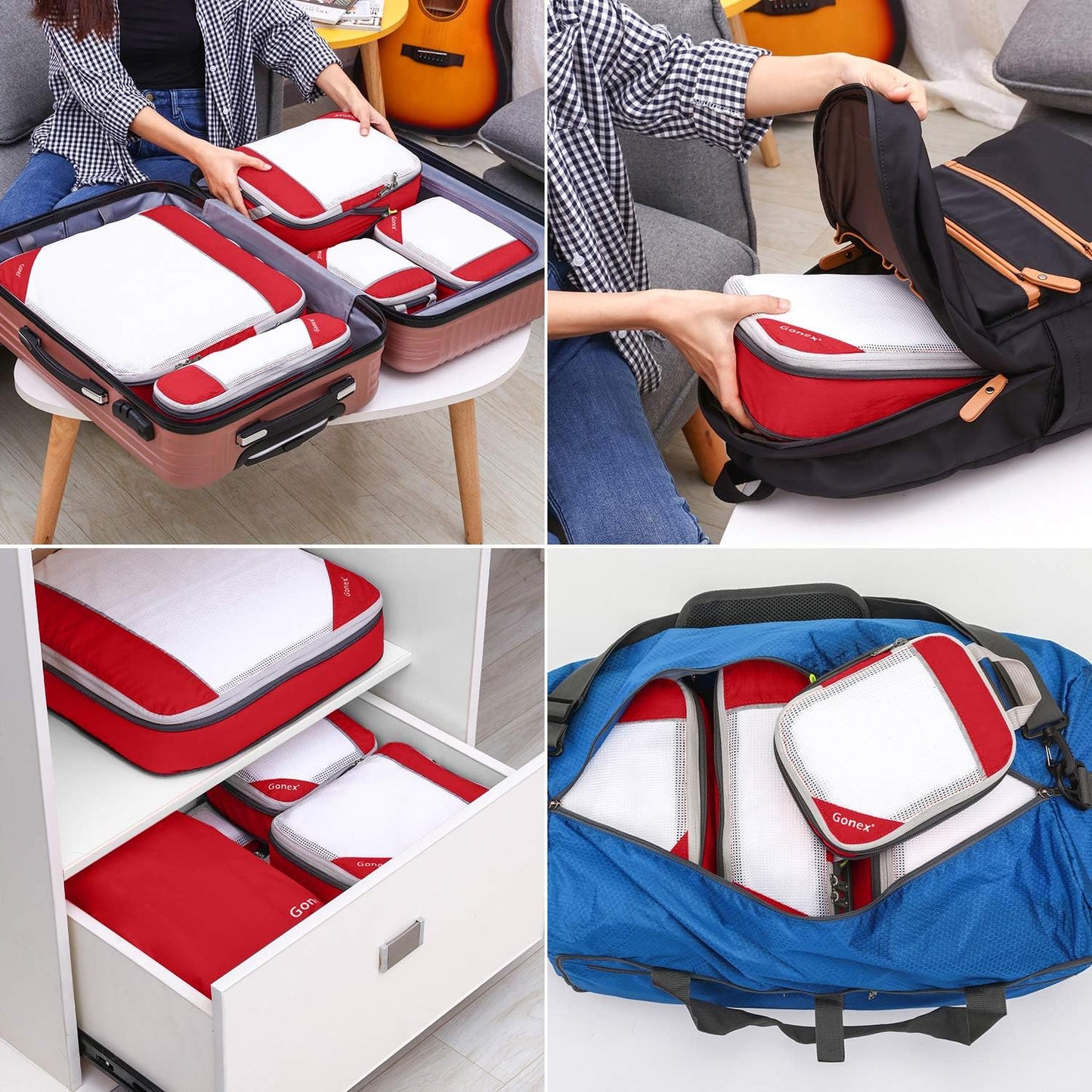 Gonex Compression Packing Cubes, 6 PCS Travel Luggage Packing Organizers with Mesh Extensible Suitcase Organiser for Travel, Pink