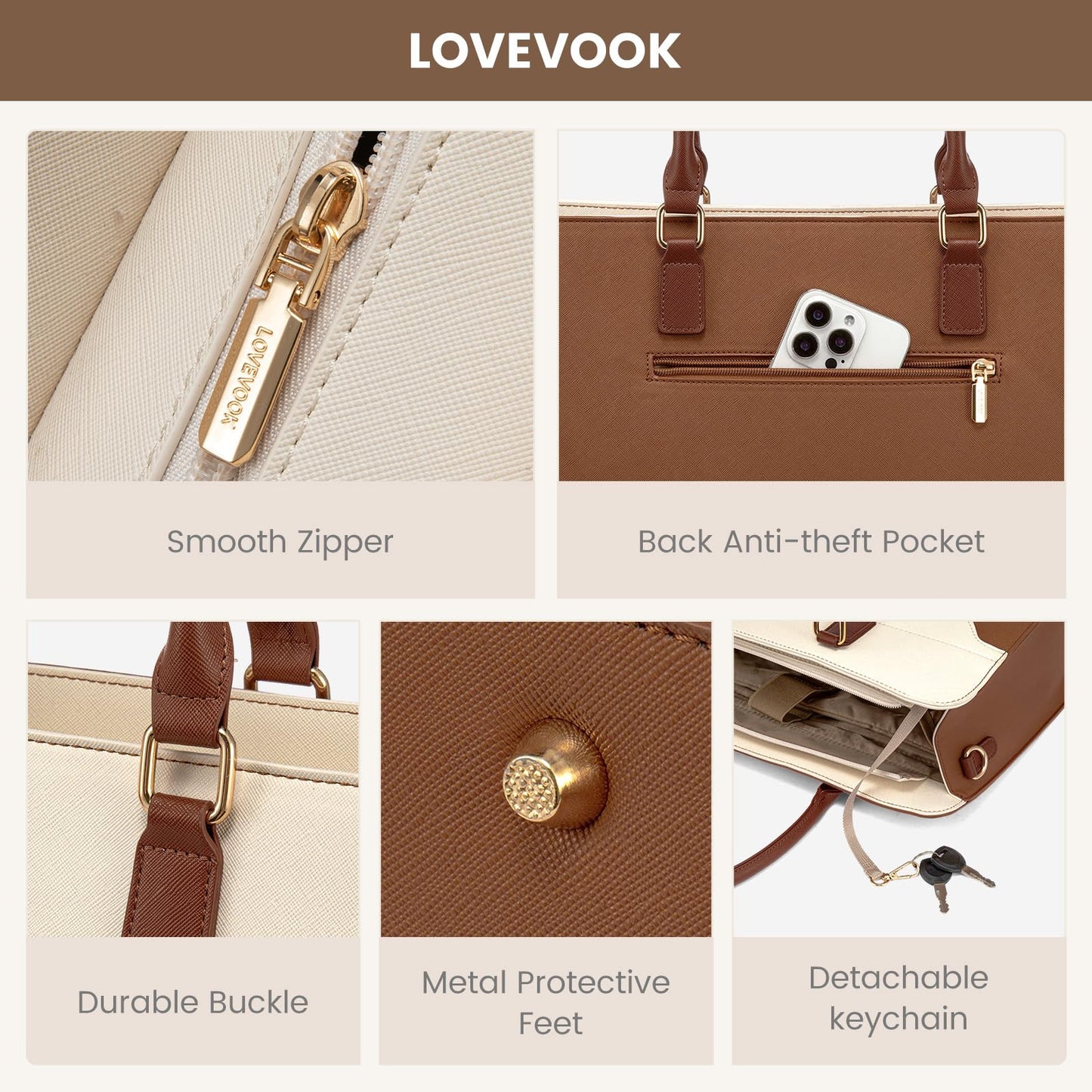LOVEVOOK Laptop Handbags for Women, 15.6 Inch Ladies Work Bags Large Tote Bags with Compartments, PU Leather Womens Handbag Shoulder Bag for Office School Teacher Shopping Business