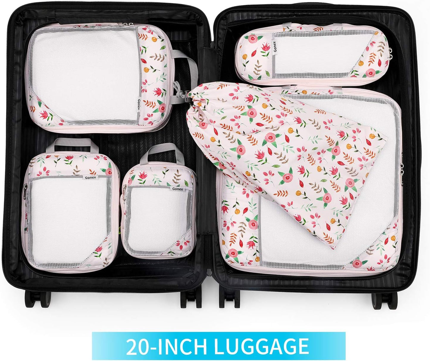 Gonex Compression Packing Cubes, 6 PCS Travel Luggage Packing Organizers with Mesh Extensible Suitcase Organiser for Travel, Pink