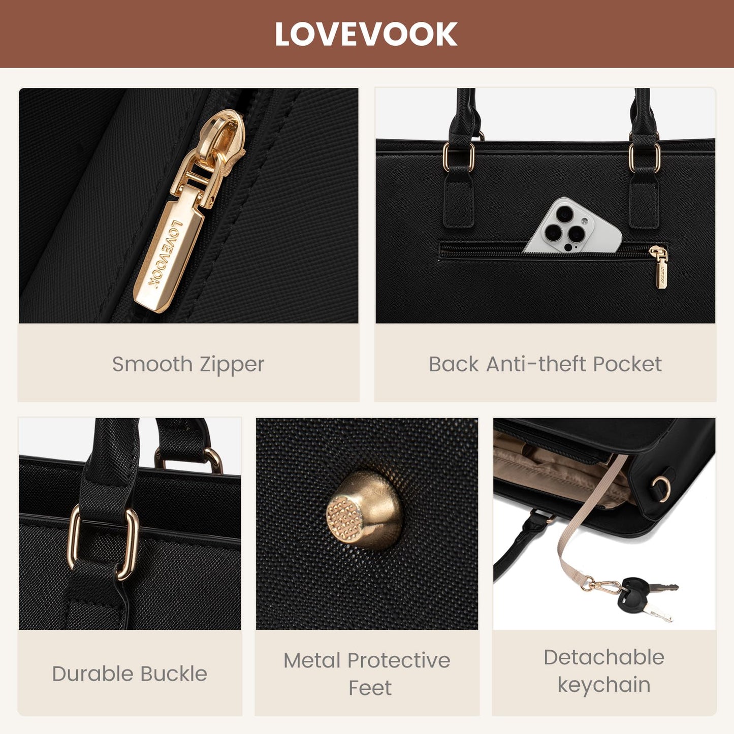 LOVEVOOK Laptop Handbags for Women, 15.6 Inch Ladies Work Bags Large Tote Bags with Compartments, PU Leather Womens Handbag Shoulder Bag for Office School Teacher Shopping Business