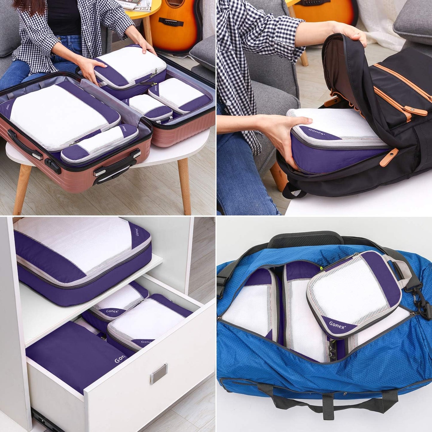Gonex Compression Packing Cubes, 6 PCS Travel Luggage Packing Organizers with Mesh Extensible Suitcase Organiser for Travel, Pink