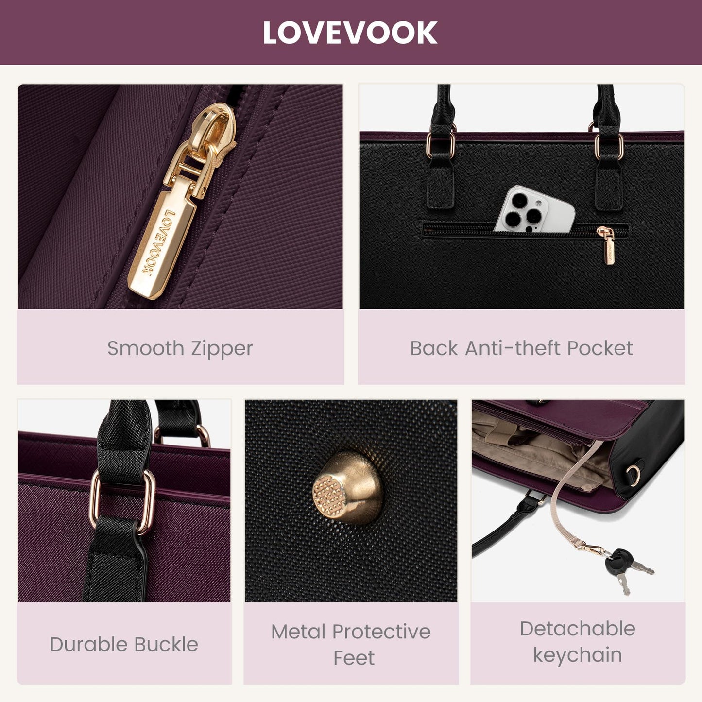 LOVEVOOK Laptop Handbags for Women, 15.6 Inch Ladies Work Bags Large Tote Bags with Compartments, PU Leather Womens Handbag Shoulder Bag for Office School Teacher Shopping Business
