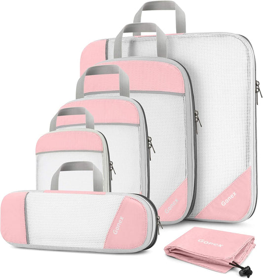 Gonex Compression Packing Cubes, 6 PCS Travel Luggage Packing Organizers with Mesh Extensible Suitcase Organiser for Travel, Pink