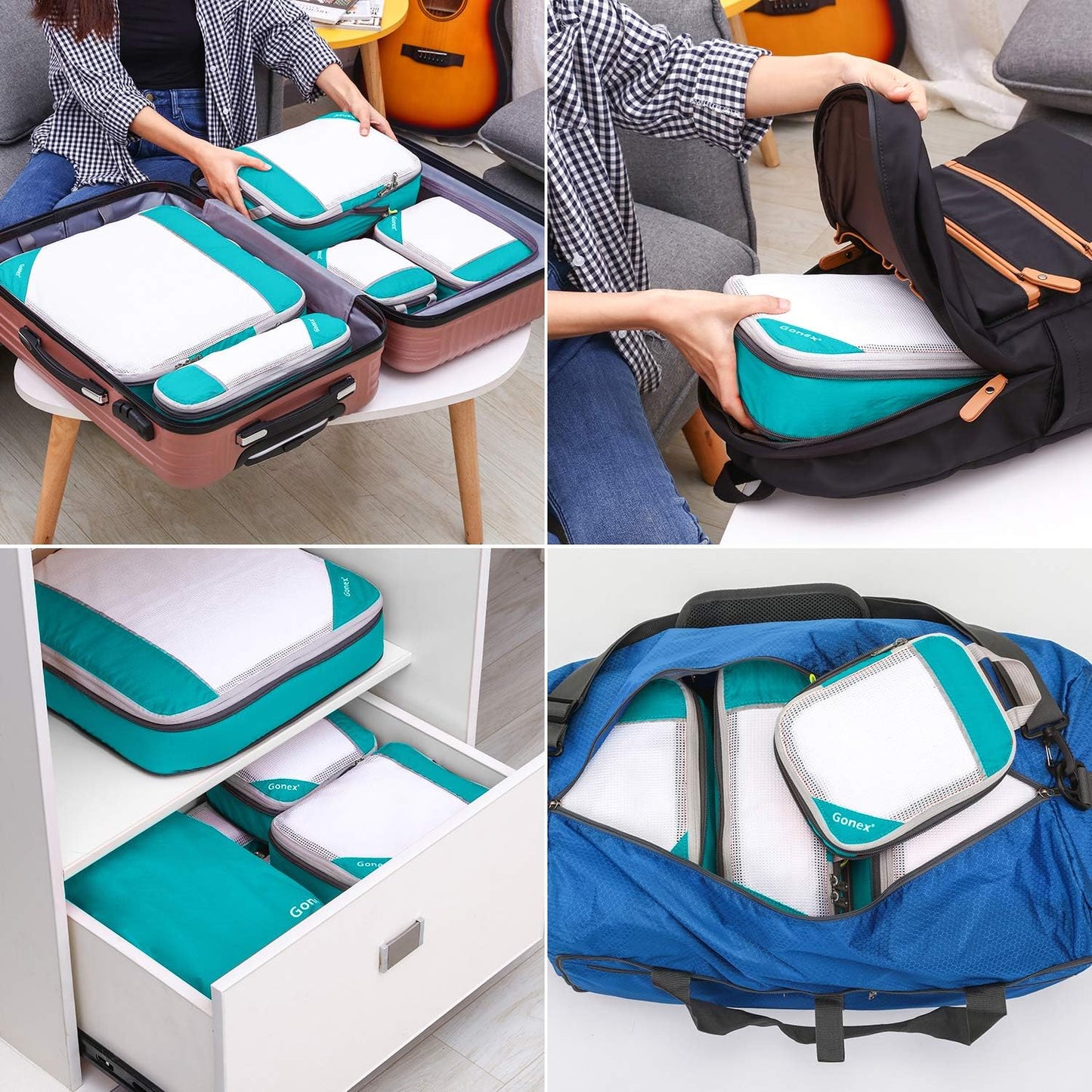 Gonex Compression Packing Cubes, 6 PCS Travel Luggage Packing Organizers with Mesh Extensible Suitcase Organiser for Travel, Pink