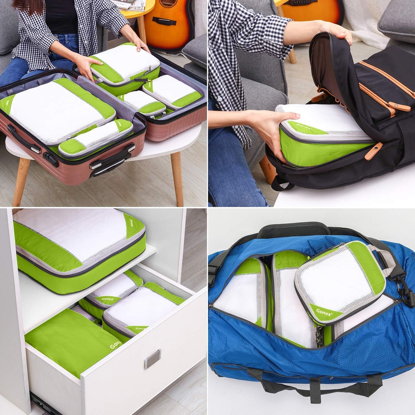 Gonex Compression Packing Cubes, 6 PCS Travel Luggage Packing Organizers with Mesh Extensible Suitcase Organiser for Travel, Pink