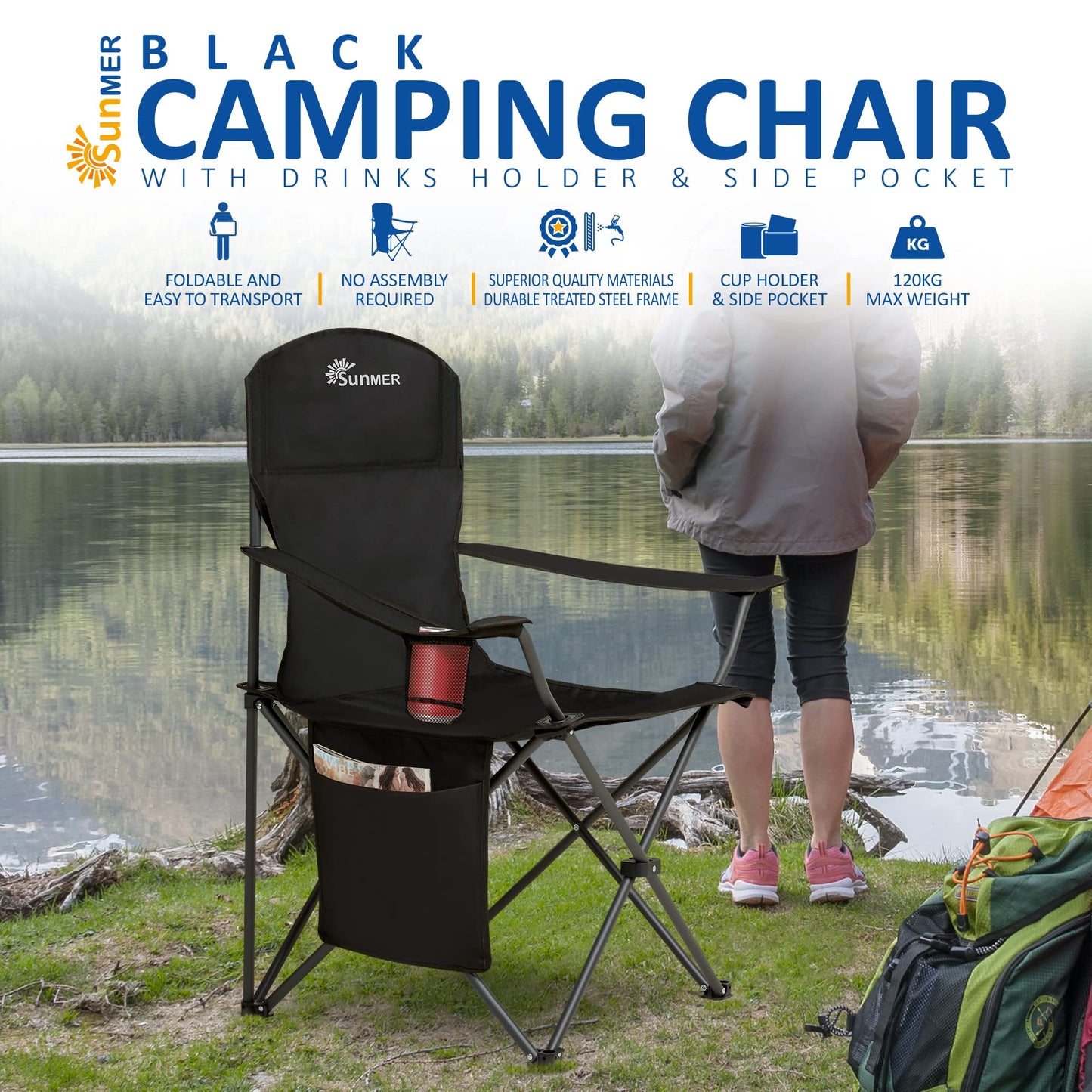 SUNMER Folding Camping Chairs - Set of 2, Extra-Wide Lightweight Outdoor Chairs with Armrests, Cup Holder and a Side Pocket - 120kg Capacity per Chair - Professional Travel & Garden Seating - Black