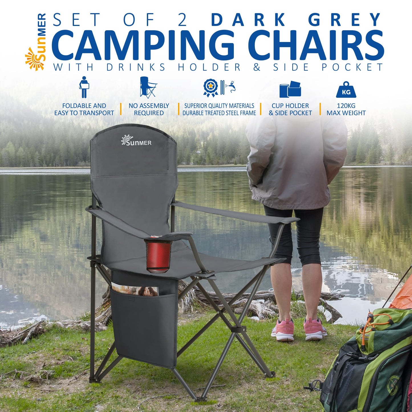 SUNMER Folding Camping Chairs - Set of 2, Extra-Wide Lightweight Outdoor Chairs with Armrests, Cup Holder and a Side Pocket - 120kg Capacity per Chair - Professional Travel & Garden Seating - Black
