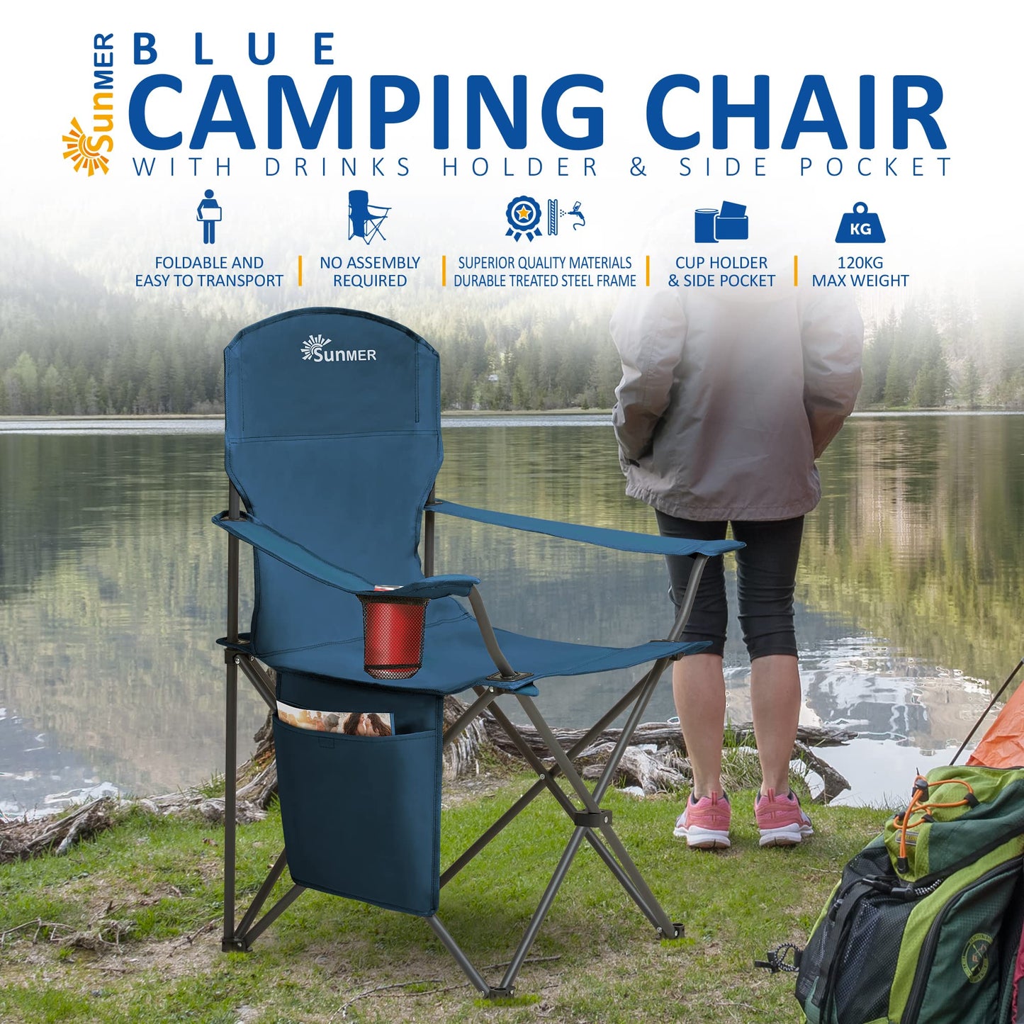 SUNMER Folding Camping Chairs - Set of 2, Extra-Wide Lightweight Outdoor Chairs with Armrests, Cup Holder and a Side Pocket - 120kg Capacity per Chair - Professional Travel & Garden Seating - Black