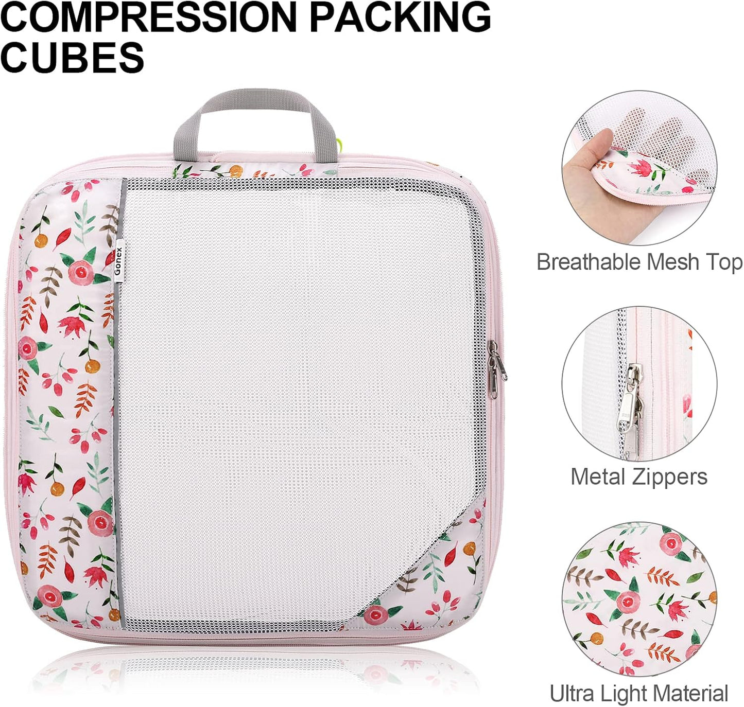 Gonex Compression Packing Cubes, 6 PCS Travel Luggage Packing Organizers with Mesh Extensible Suitcase Organiser for Travel, Pink