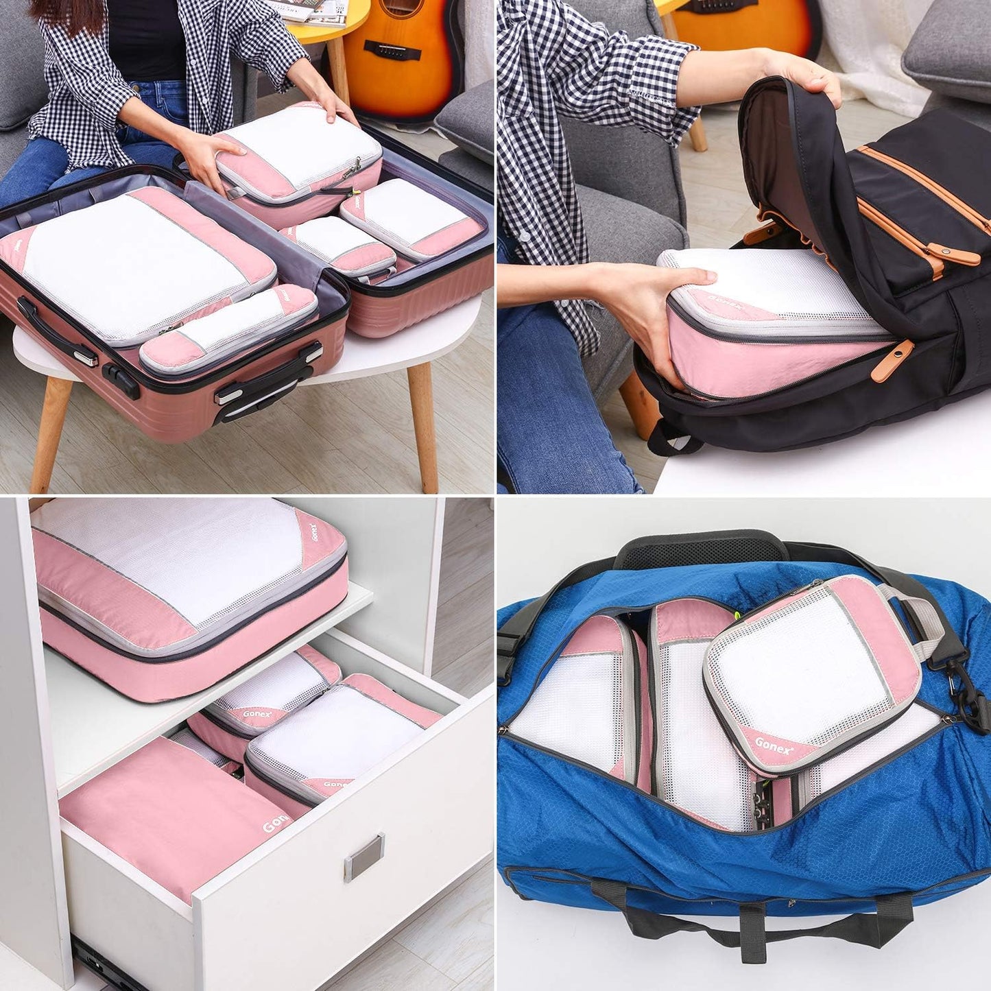 Gonex Compression Packing Cubes, 6 PCS Travel Luggage Packing Organizers with Mesh Extensible Suitcase Organiser for Travel, Pink
