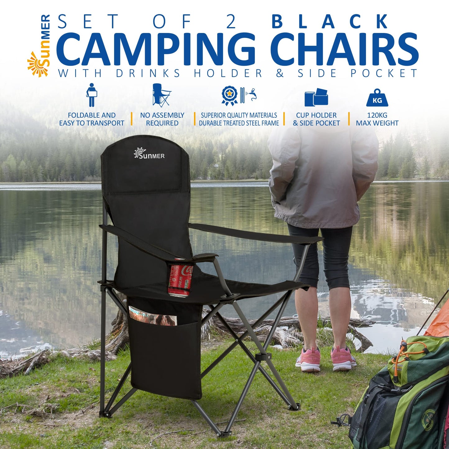 SUNMER Folding Camping Chairs - Set of 2, Extra-Wide Lightweight Outdoor Chairs with Armrests, Cup Holder and a Side Pocket - 120kg Capacity per Chair - Professional Travel & Garden Seating - Black