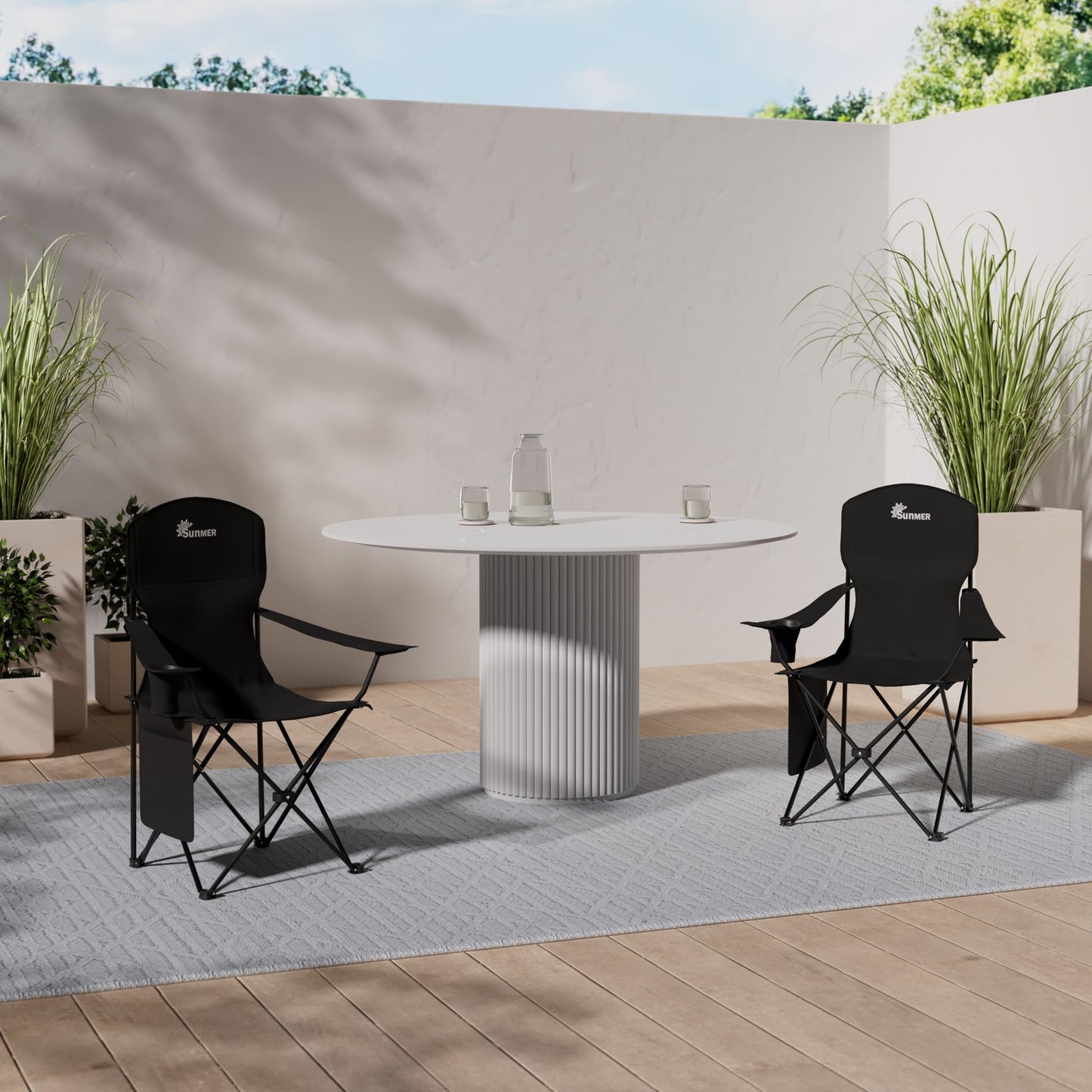SUNMER Folding Camping Chairs - Set of 2, Extra-Wide Lightweight Outdoor Chairs with Armrests, Cup Holder and a Side Pocket - 120kg Capacity per Chair - Professional Travel & Garden Seating - Black