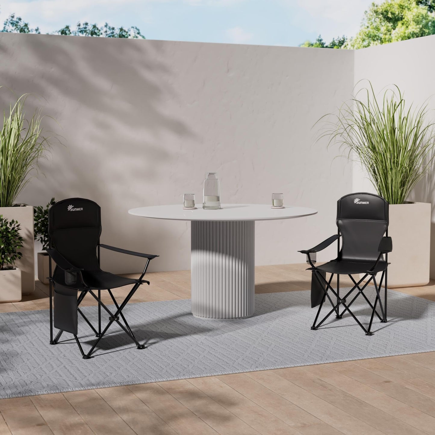 SUNMER Folding Camping Chairs - Set of 2, Extra-Wide Lightweight Outdoor Chairs with Armrests, Cup Holder and a Side Pocket - 120kg Capacity per Chair - Professional Travel & Garden Seating - Black