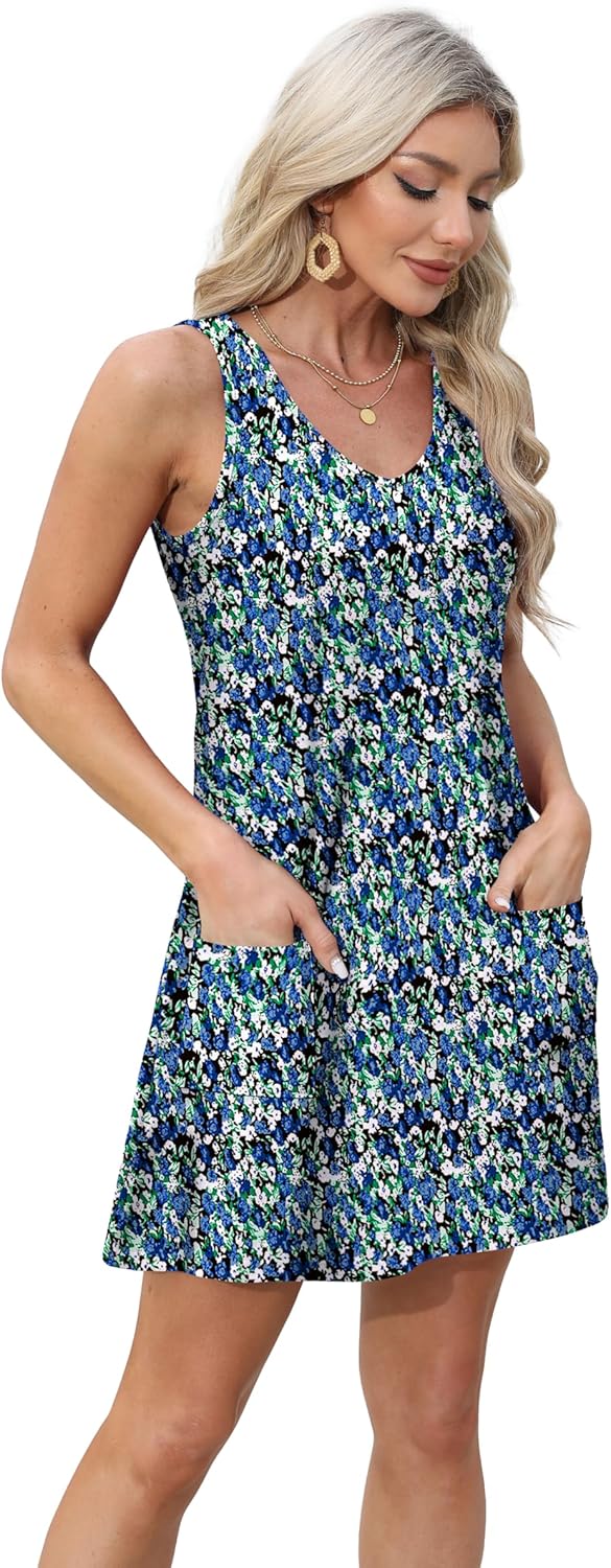 Aokosor Womens Summer Dresses 2025 Loose V Neck Sleeveless Sundress Beach Coverup with Pockets Floral/Plain/Eyelet