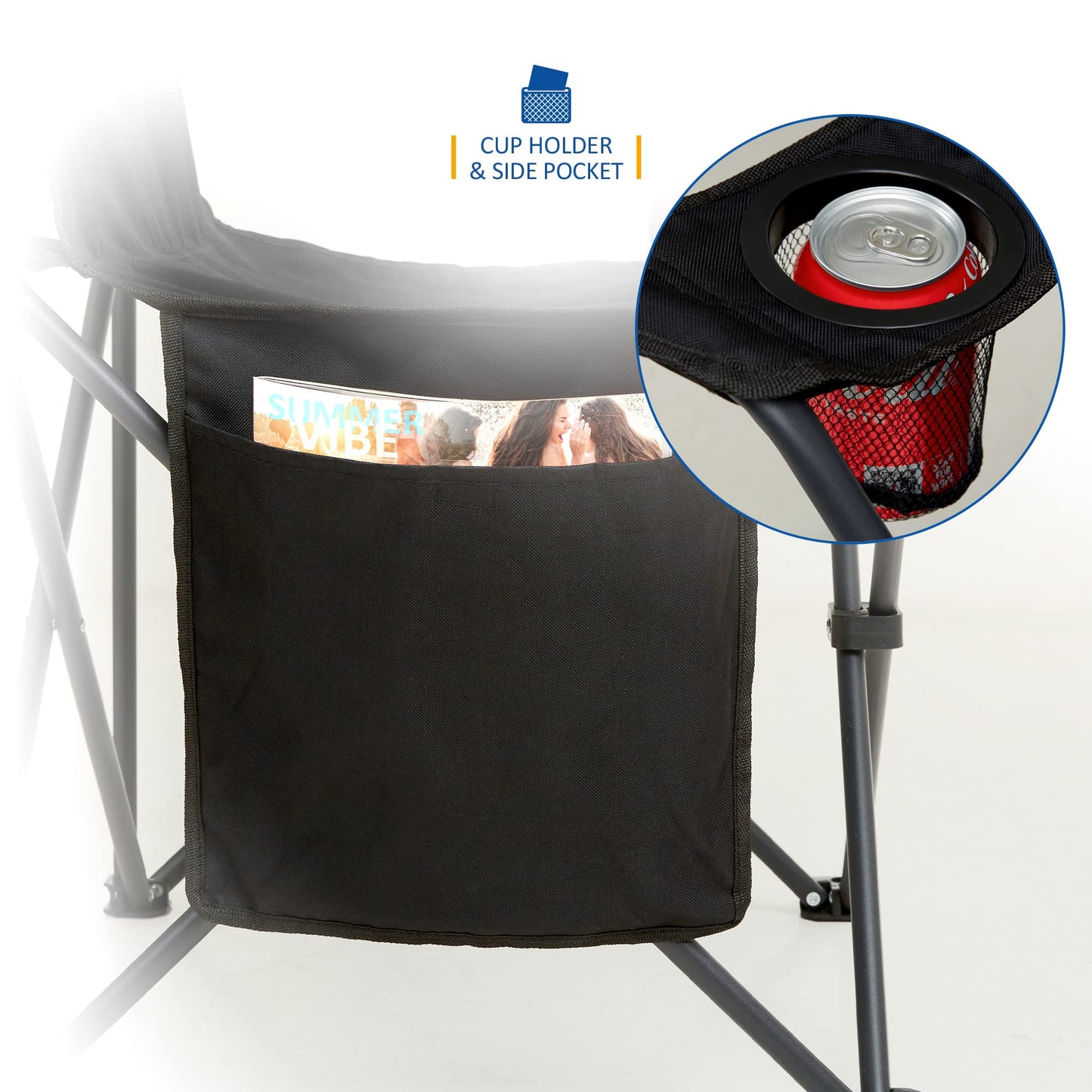 SUNMER Folding Camping Chairs - Set of 2, Extra-Wide Lightweight Outdoor Chairs with Armrests, Cup Holder and a Side Pocket - 120kg Capacity per Chair - Professional Travel & Garden Seating - Black