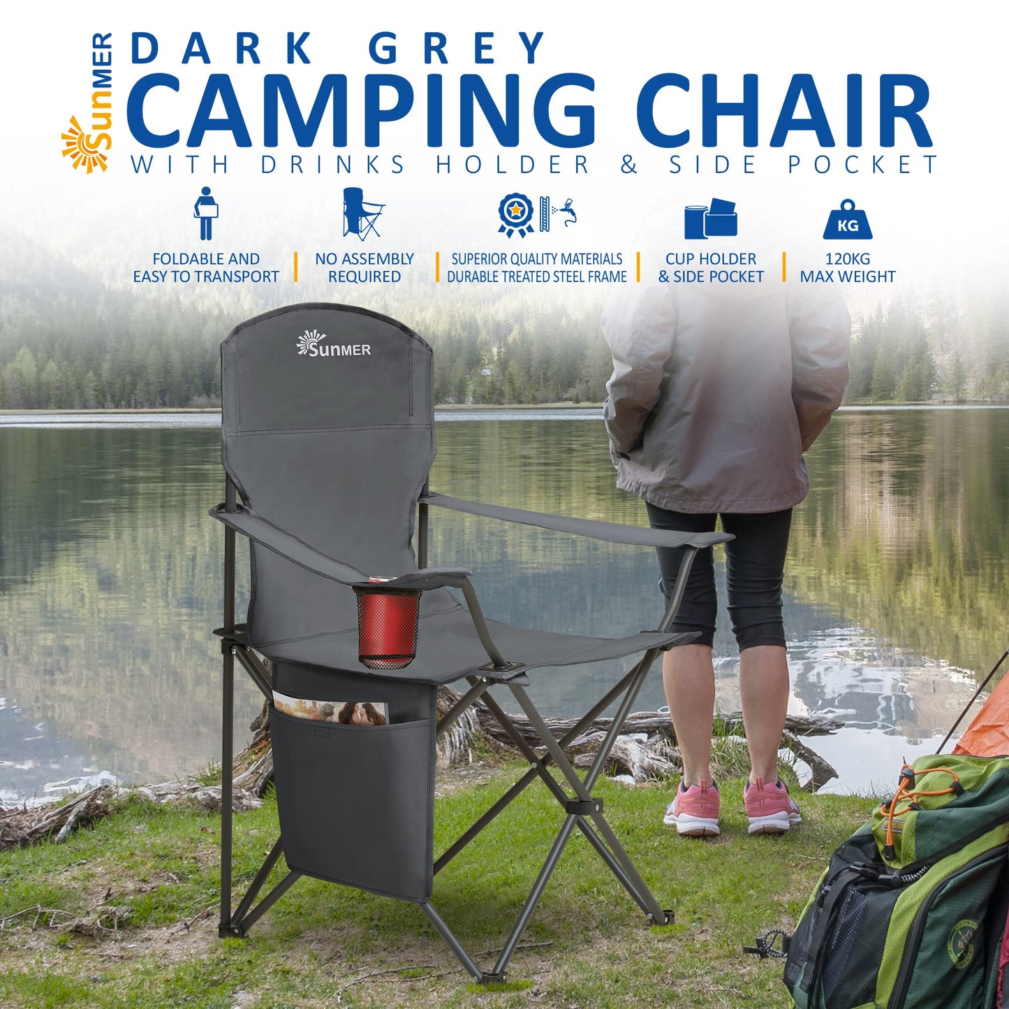 SUNMER Folding Camping Chairs - Set of 2, Extra-Wide Lightweight Outdoor Chairs with Armrests, Cup Holder and a Side Pocket - 120kg Capacity per Chair - Professional Travel & Garden Seating - Black