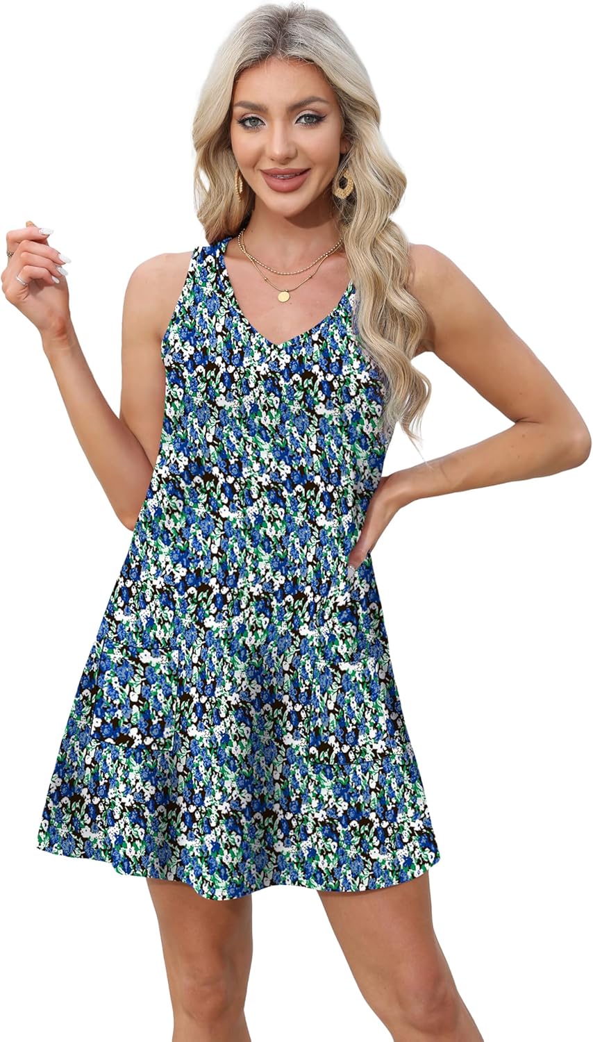 Aokosor Womens Summer Dresses 2025 Loose V Neck Sleeveless Sundress Beach Coverup with Pockets Floral/Plain/Eyelet