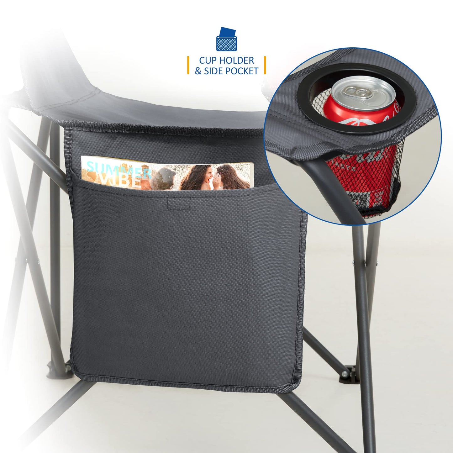 SUNMER Folding Camping Chairs - Set of 2, Extra-Wide Lightweight Outdoor Chairs with Armrests, Cup Holder and a Side Pocket - 120kg Capacity per Chair - Professional Travel & Garden Seating - Black