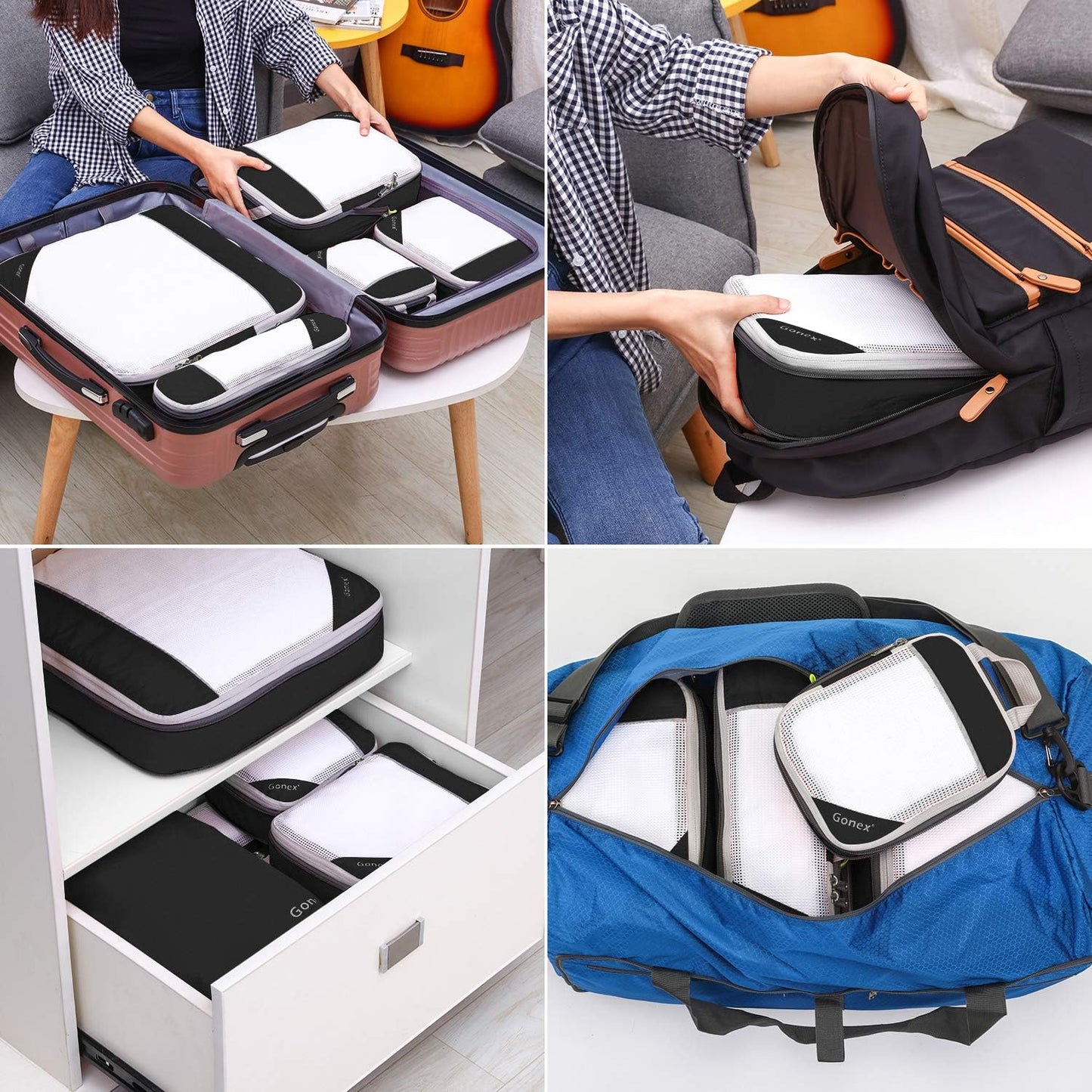 Gonex Compression Packing Cubes, 6 PCS Travel Luggage Packing Organizers with Mesh Extensible Suitcase Organiser for Travel, Pink