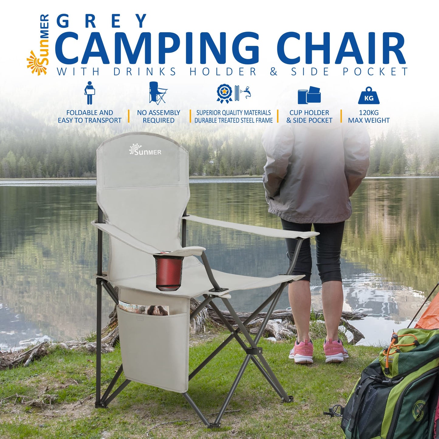 SUNMER Folding Camping Chairs - Set of 2, Extra-Wide Lightweight Outdoor Chairs with Armrests, Cup Holder and a Side Pocket - 120kg Capacity per Chair - Professional Travel & Garden Seating - Black