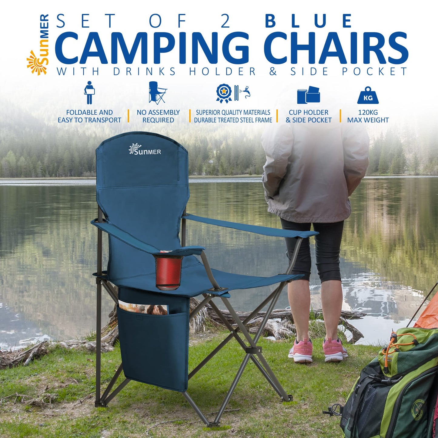 SUNMER Folding Camping Chairs - Set of 2, Extra-Wide Lightweight Outdoor Chairs with Armrests, Cup Holder and a Side Pocket - 120kg Capacity per Chair - Professional Travel & Garden Seating - Black