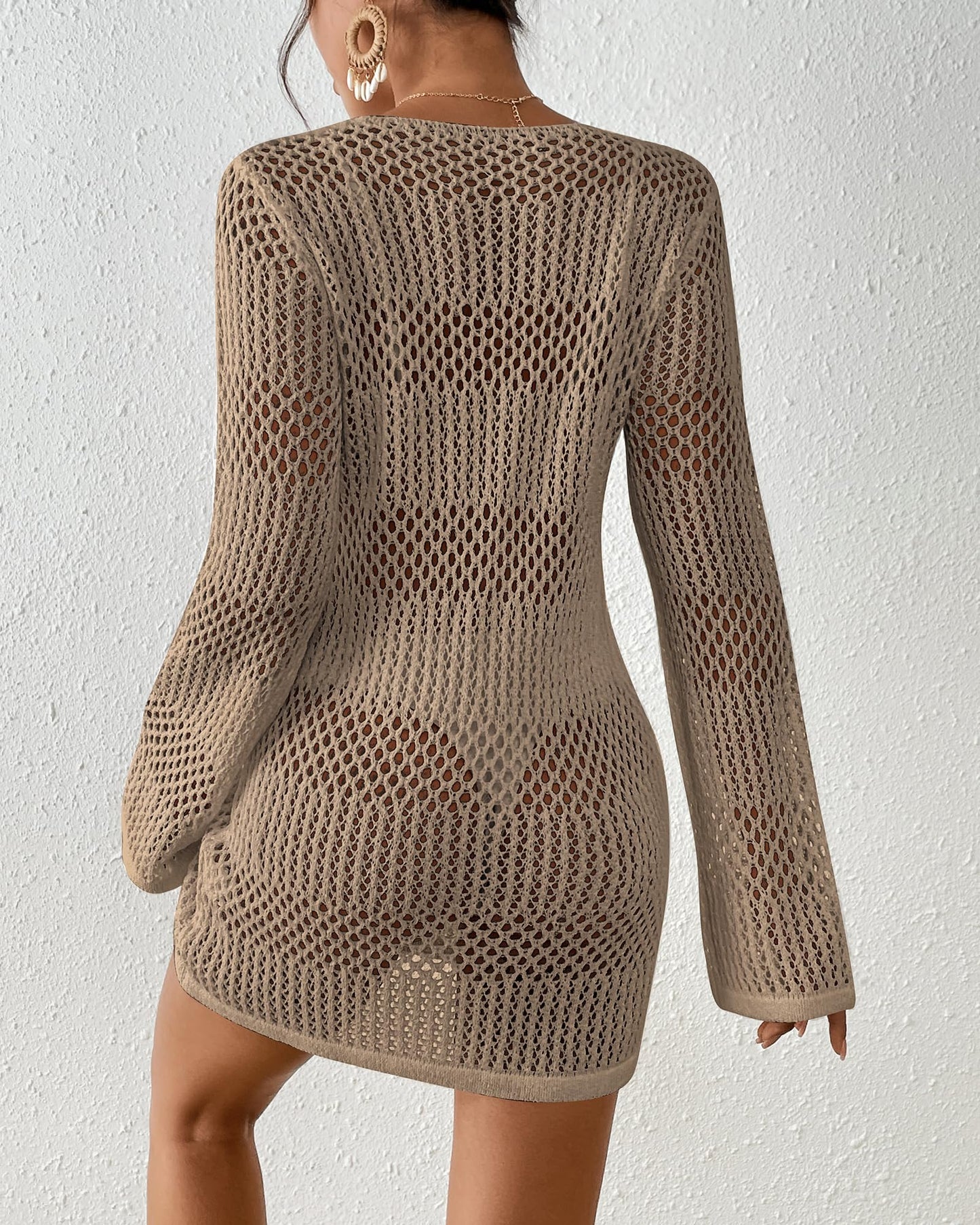 Bsubseach Women Swimsuit Crochet Coverup Long Sleeve V Neck Beach Knit Bathing Suits Cover Ups Mesh Bikini Hollow Out Dress