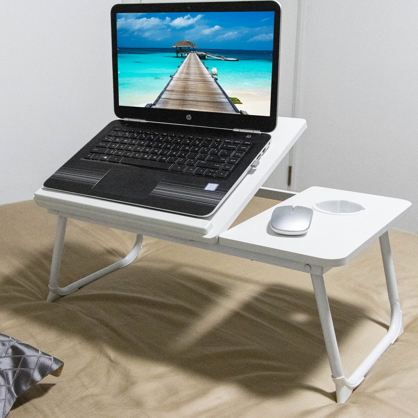 Laptop Desk, Laptop Bed Table with Foldable Legs & Cup Slot, Reading Holder Notebook Stand Breakfast Bed Tray Book Holder for Sofa, Bed, Terrace, Balcony
